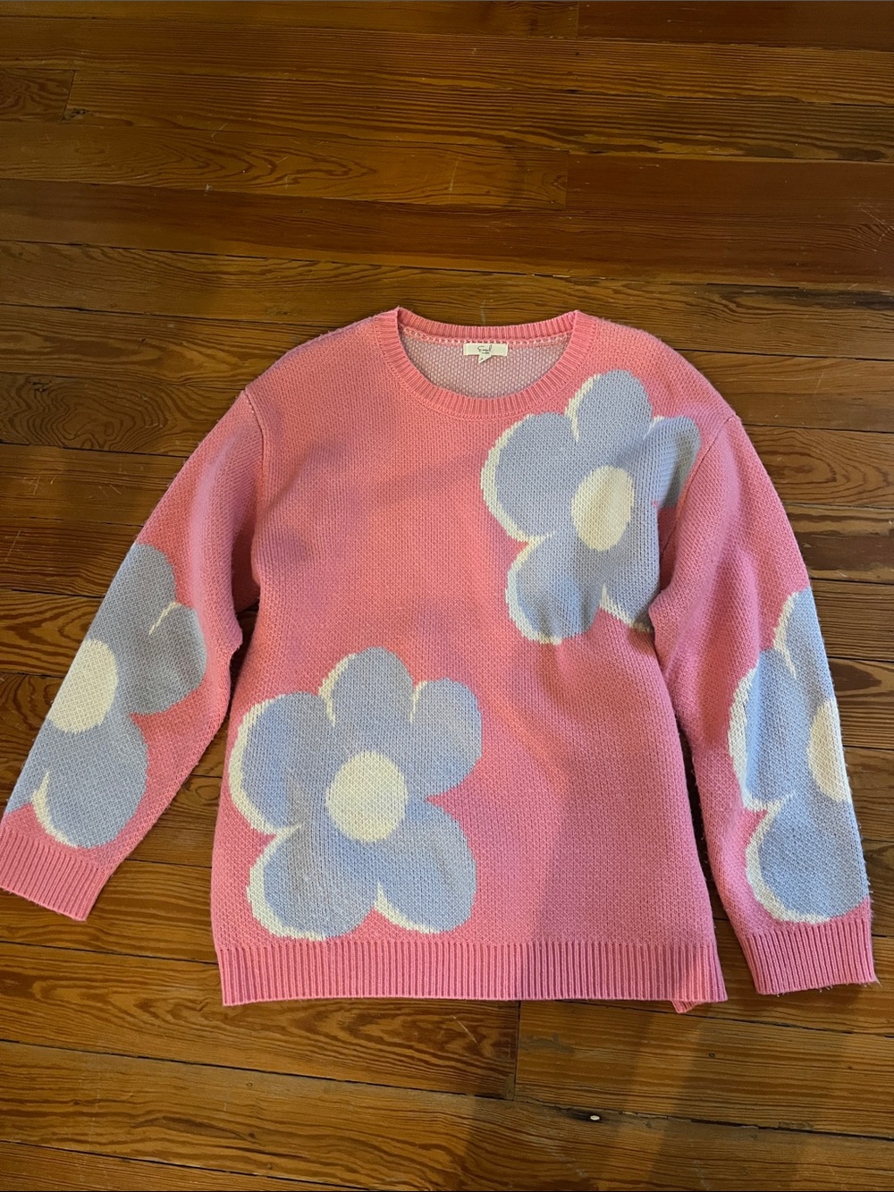Easel Pink Floral Crewneck Sweater with Lavender Flowers